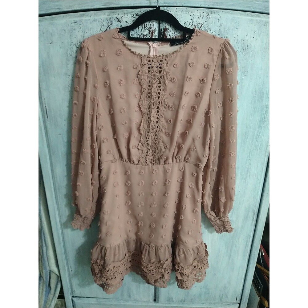 Simplee Embroidered Puff Sleeve Mini Long Sleeve Dress Small Blush Boho Feminine